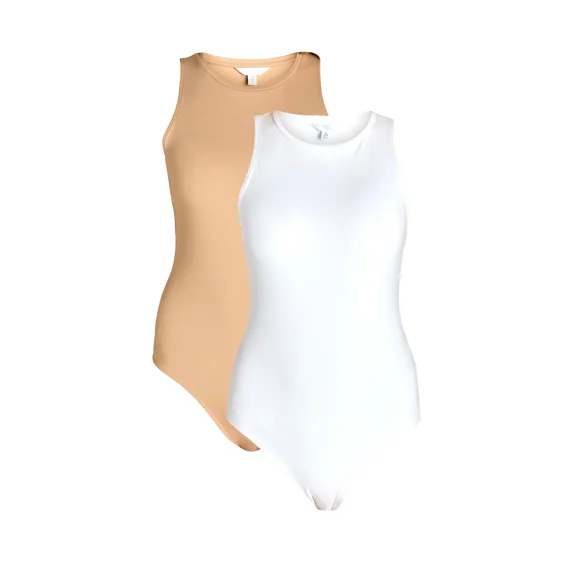 Time and Tru Women's Smoothing Sleeveless Bodysuit, 2-Pack, Sizes XS-XXXL, Vivid White & Ant