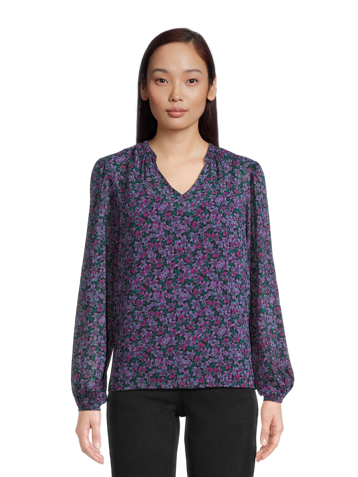 Time and Tru Women's Soft Blouse with Floral Prints, Sizes XS-3XL