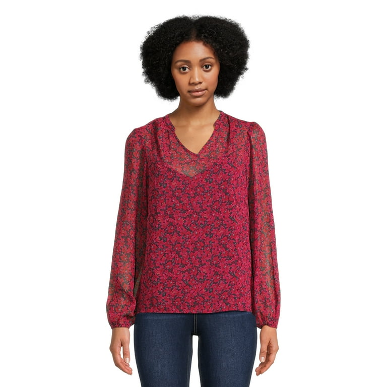 Time and Tru Women's Soft Blouse with Floral Prints, Sizes XS-3XL 