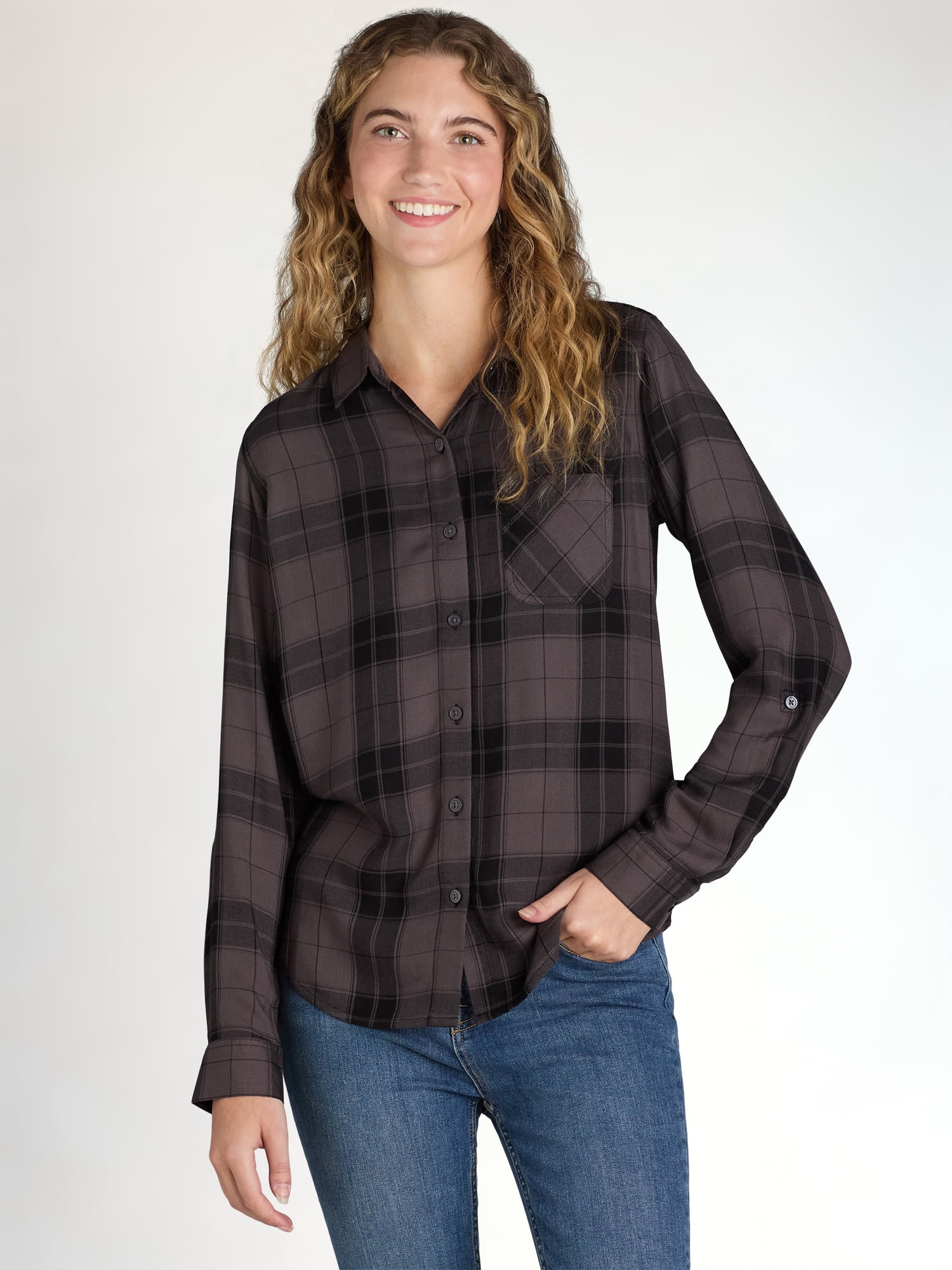 Time and Tru Women's Soft Button Up Shirt with Long Sleeves, Sizes XS-XXXL