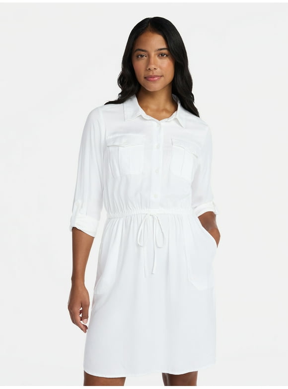 Women’s Soft Chambray Utility Shirt Dress, Sizes XS-XXXL