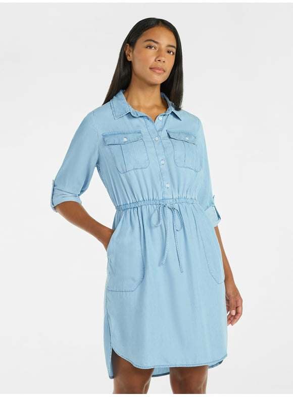Women’s Soft Chambray Utility Shirt Dress, Sizes XS-XXXL