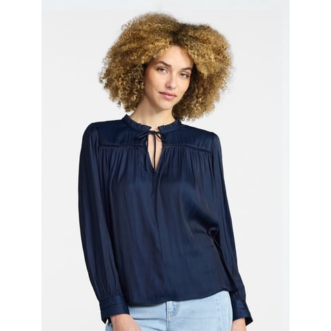 Women's Soft Ruched Yoke Blouse with Long Sleeves, Sizes XS-XXXL