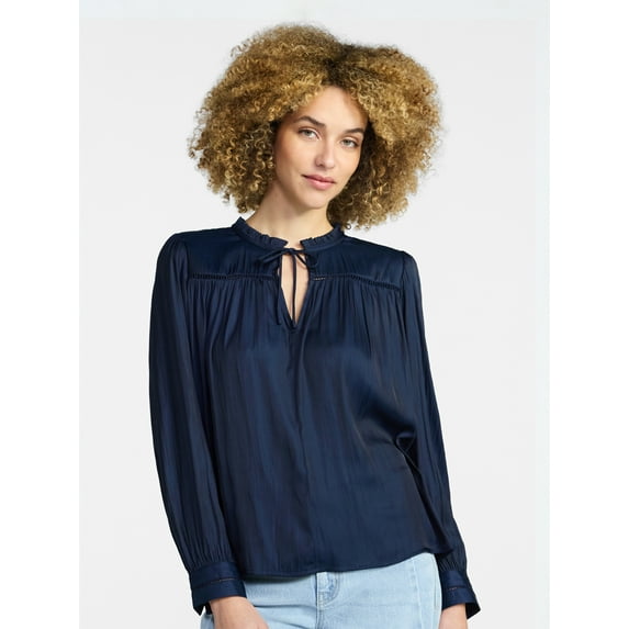 Time and Tru Women's Soft Ruched Yoke Blouse with Long Sleeves, Sizes XS-XXXL