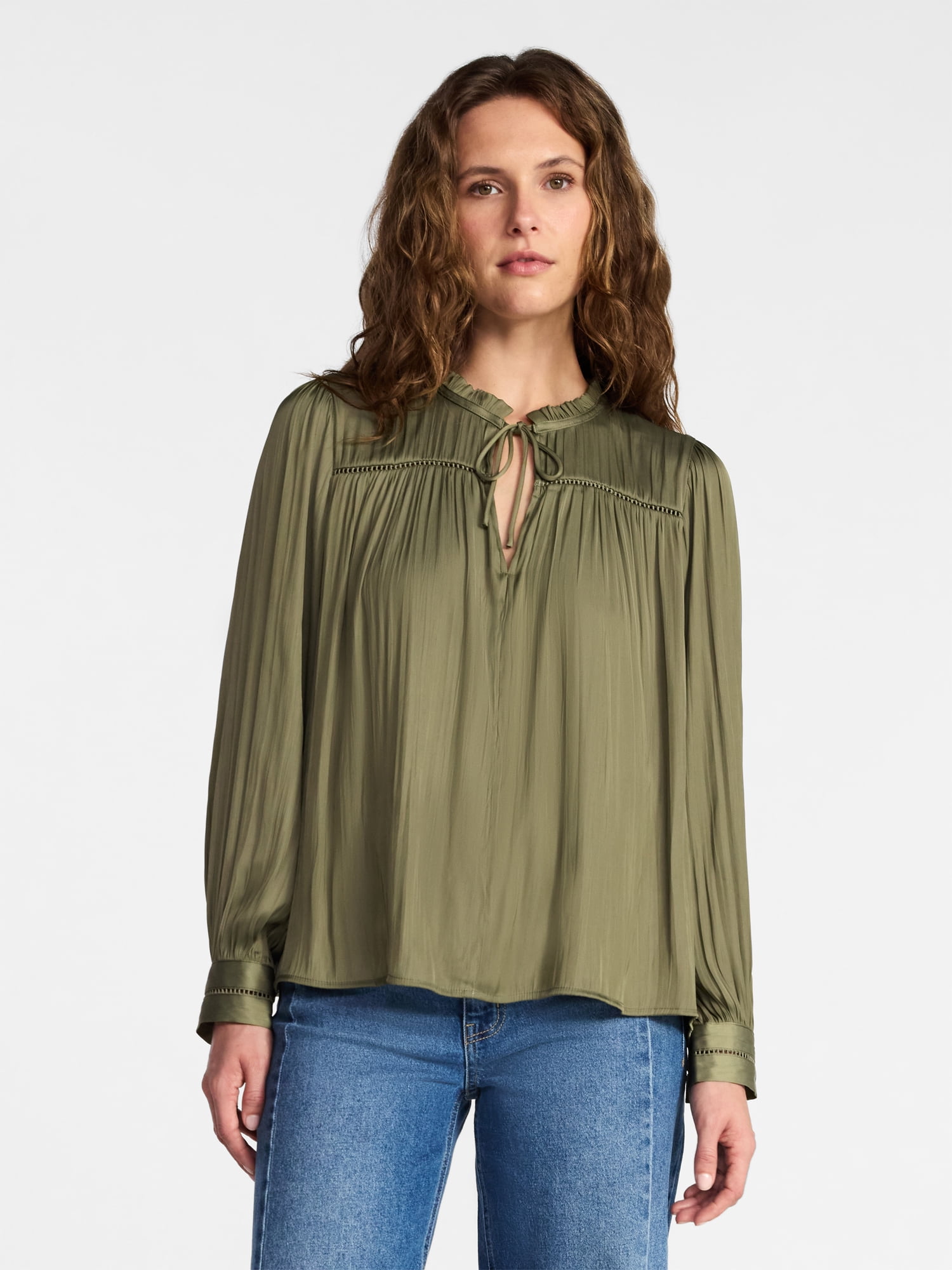 Time and Tru Women's Soft Ruched Yoke Blouse with Long Sleeves, Sizes XS-XXXL