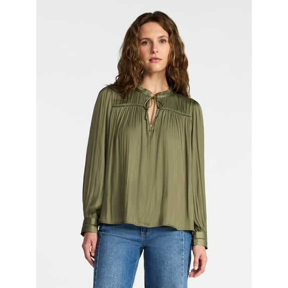 Time and Tru Women's Soft Ruched Yoke Blouse with Long Sleeves, Sizes XS-XXXL