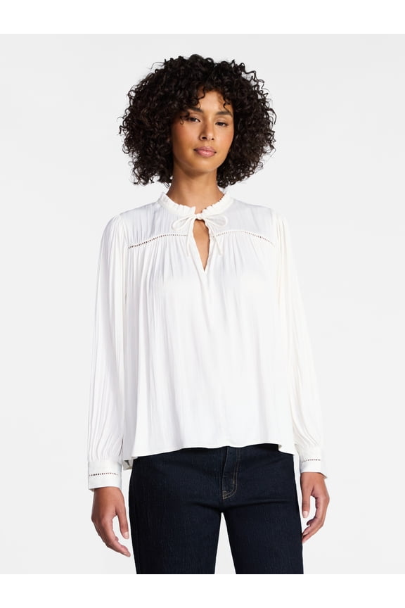 Women's Soft Ruched Yoke Blouse with Long Sleeves, Sizes XS-XXXL