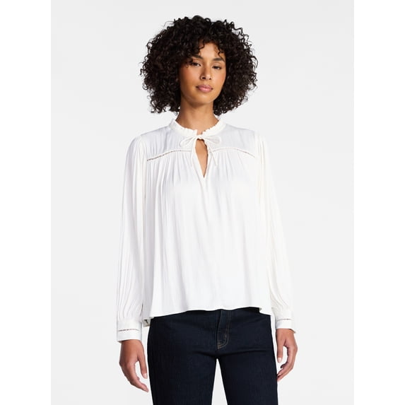 Time and Tru Women's Soft Ruched Yoke Blouse with Long Sleeves, Sizes XS-XXXL