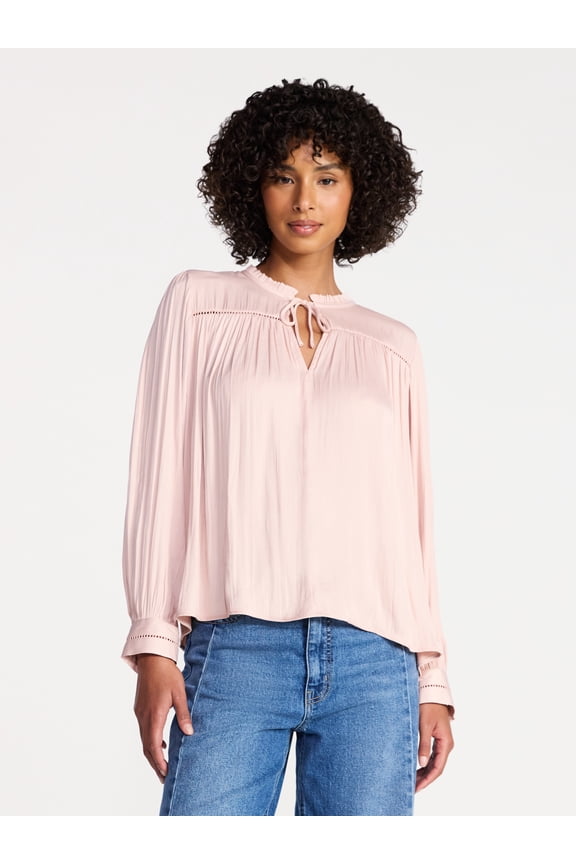 Women's Soft Ruched Yoke Blouse with Long Sleeves, Sizes XS-XXXL