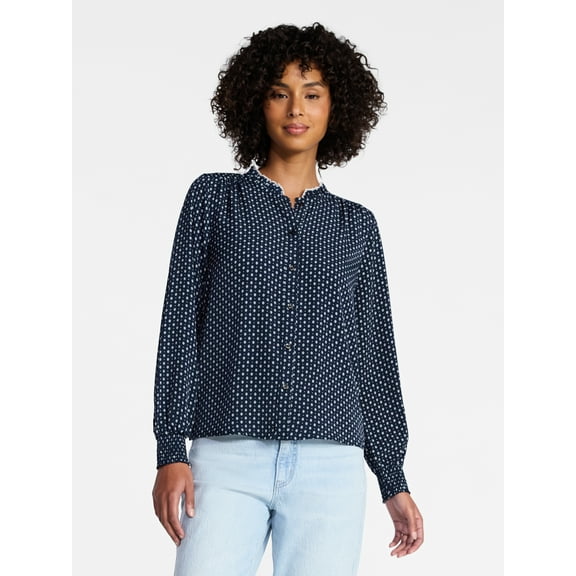 Time and Tru Women's Ruffle Button Down Blouse with Long Sleeves, Sizes XS-XXXL