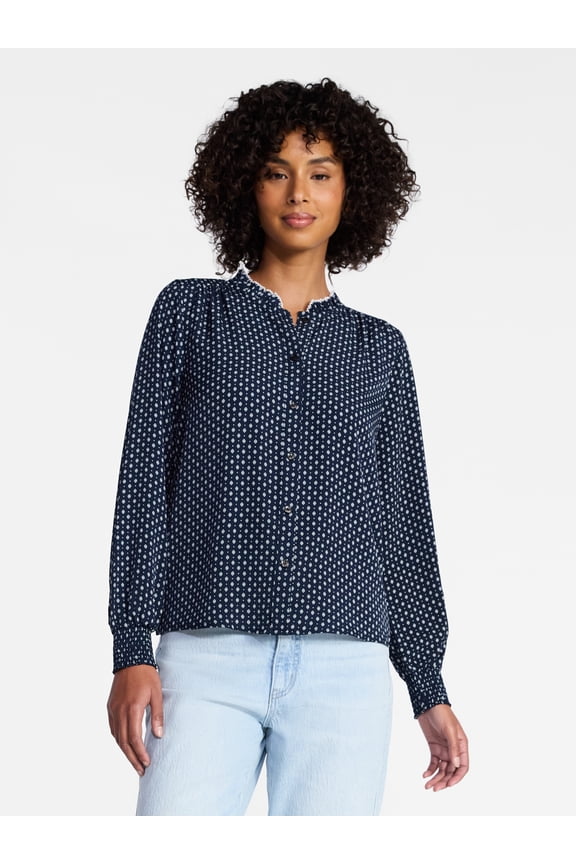 Women's Ruffle Button Down Blouse with Long Sleeves, Sizes XS-XXXL