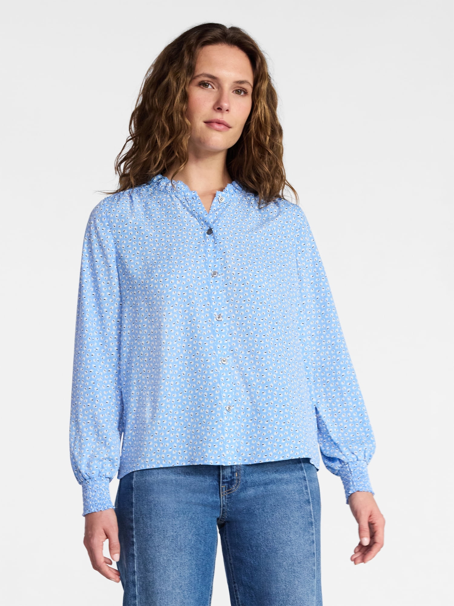 Time and Tru Women's Ruffle Button Down Blouse with Long Sleeves, Sizes XS-XXXL