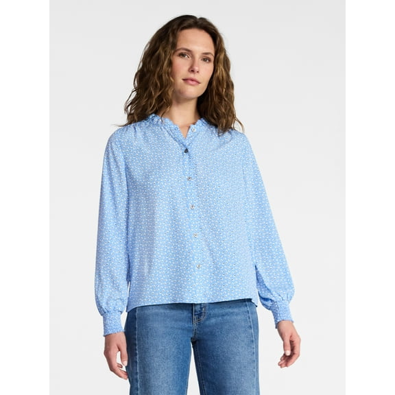 Time and Tru Women's Ruffle Button Down Blouse with Long Sleeves, Sizes XS-XXXL