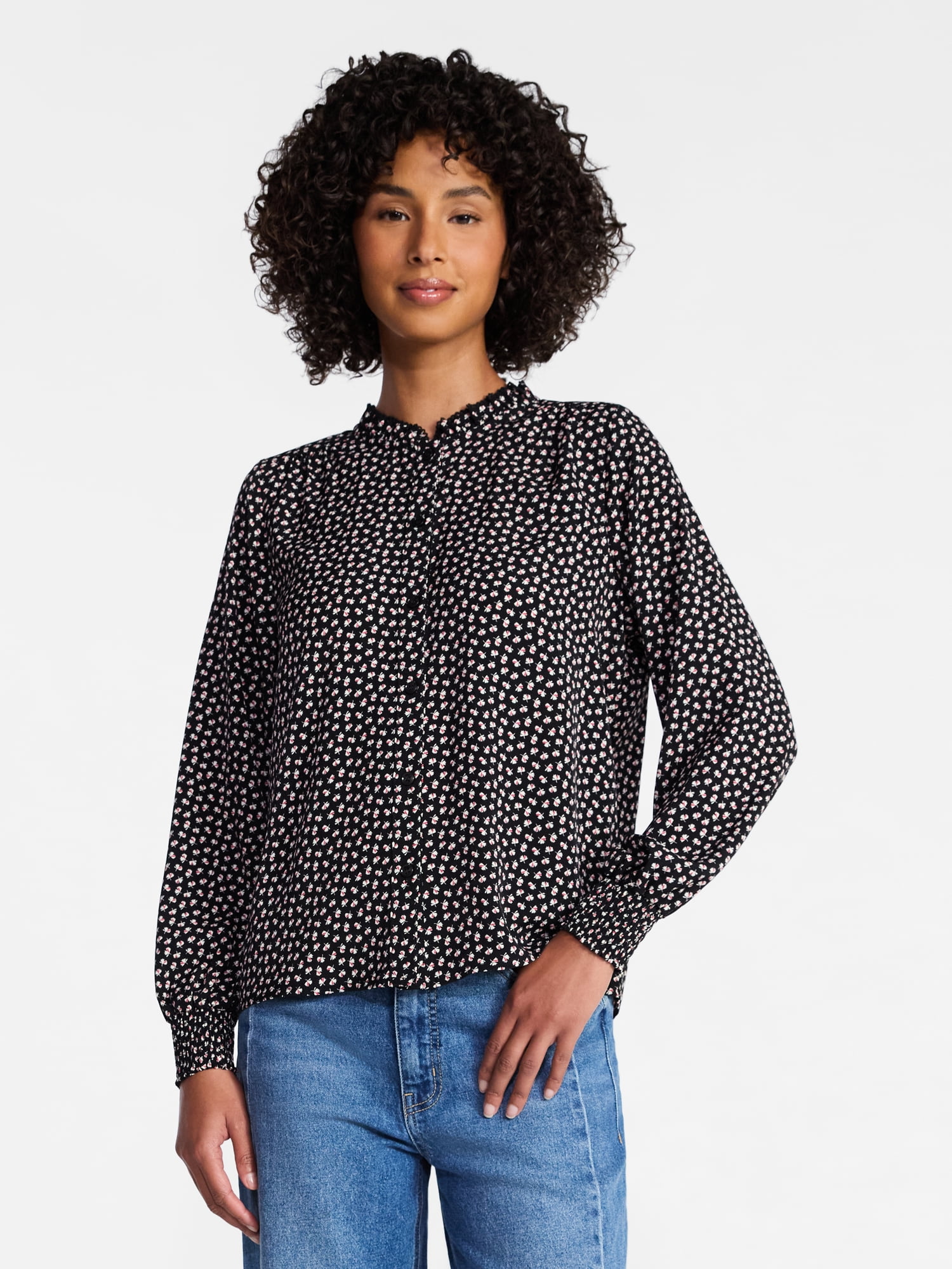 Women's Soft Ruffle Button Down Long Sleeve Top, XS-XXXL