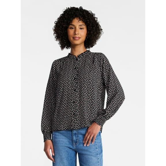 Time and Tru Women's Ruffle Button Down Blouse with Long Sleeves, Sizes XS-XXXL