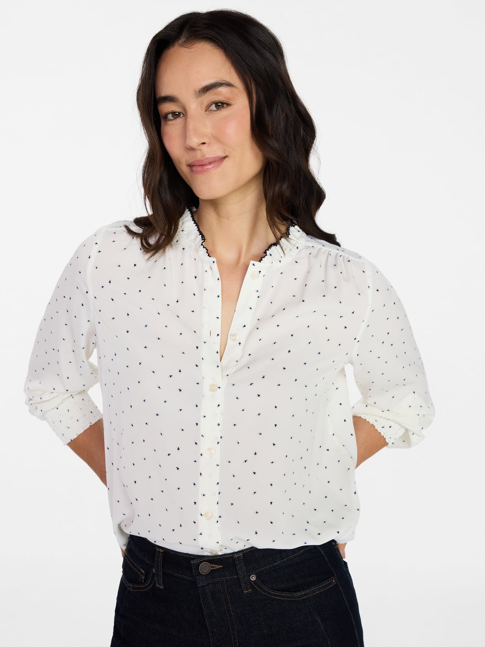 Time and Tru Women's Ruffle Button Down Blouse with Long Sleeves, Sizes XS-XXXL