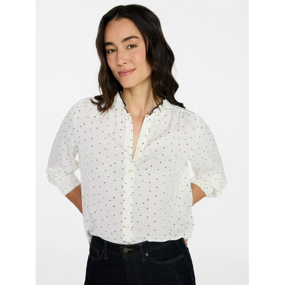 Time and Tru Women's Ruffle Button Down Blouse with Long Sleeves, Sizes XS-XXXL