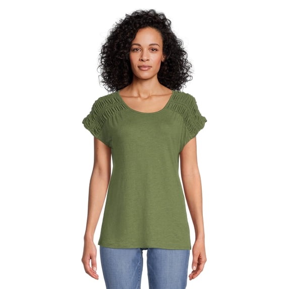 Time and Tru Women's Split Neck Gather Top