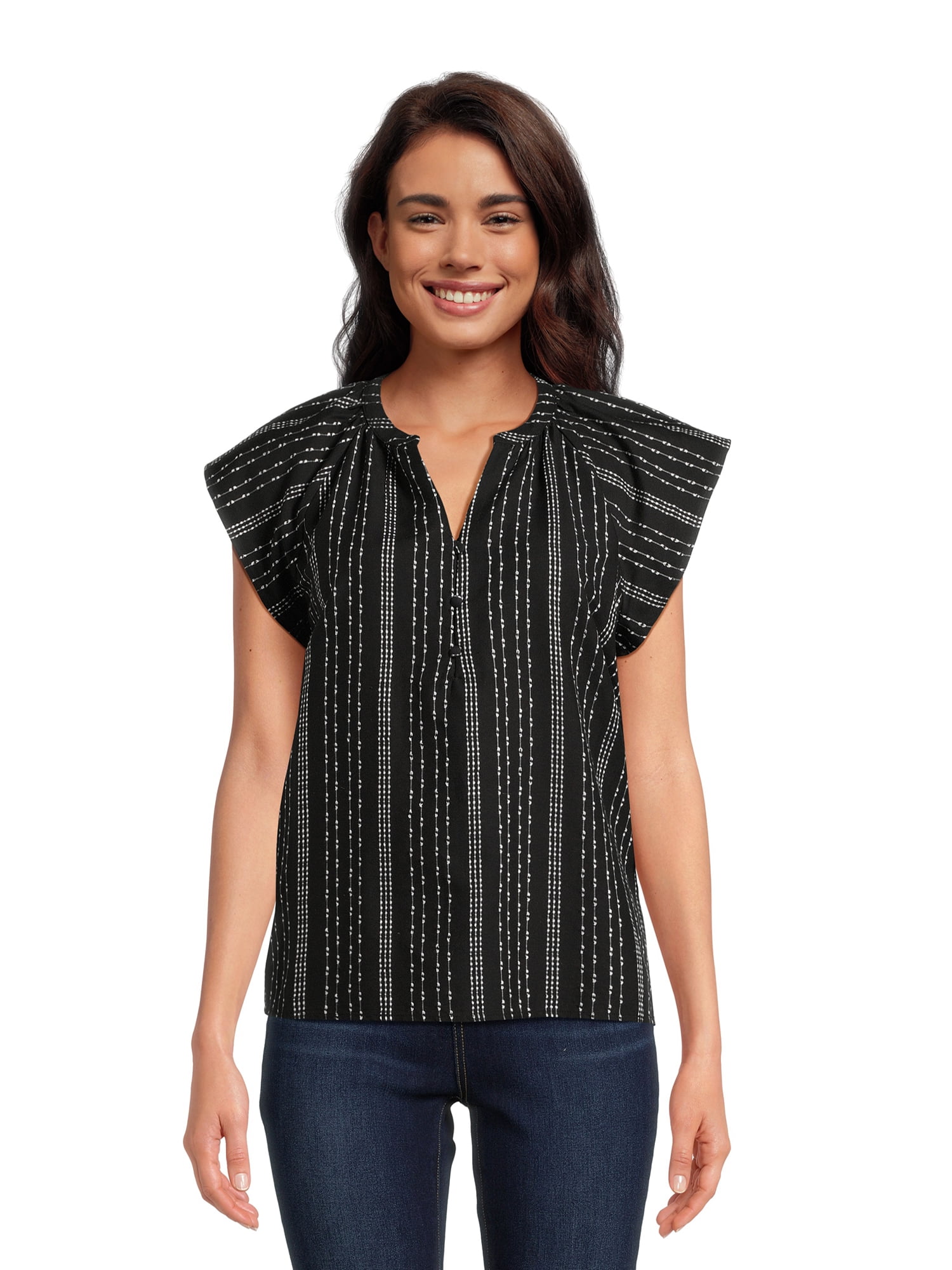 Kasper Women's Split Neck Top With Combo Sleeve In Black – Casual Blouse For Work Or Everyday Wear