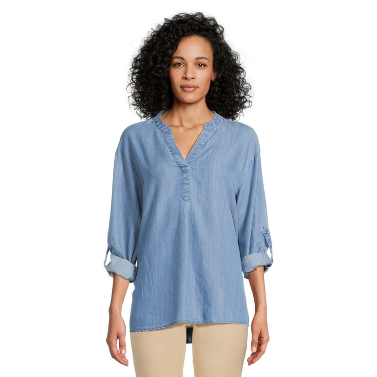 Time and Tru Women's Split Neck Tunic Top with Roll Cuff Sleeves