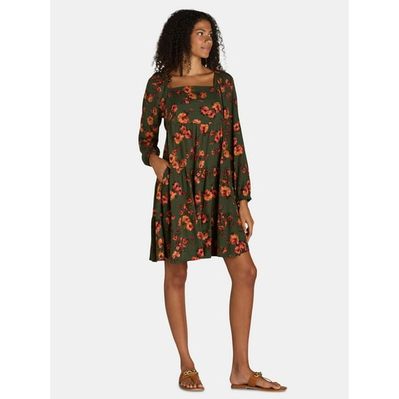 Time and Tru Women's Square Neck Mini Dress with Long Sleeves, Sizes XS-XXXL