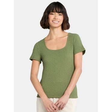 Time and Tru Women's Square Neck Pucker Tee with Short Sleeves, Sizes XS-XXXL