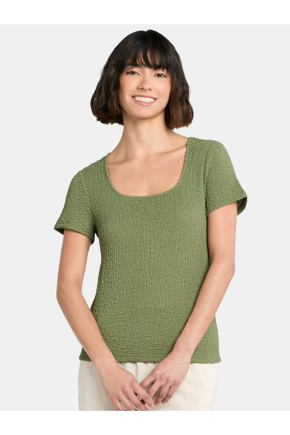 Women's Square Neck Pucker Tee with Short Sleeves, Sizes XS-XXXL