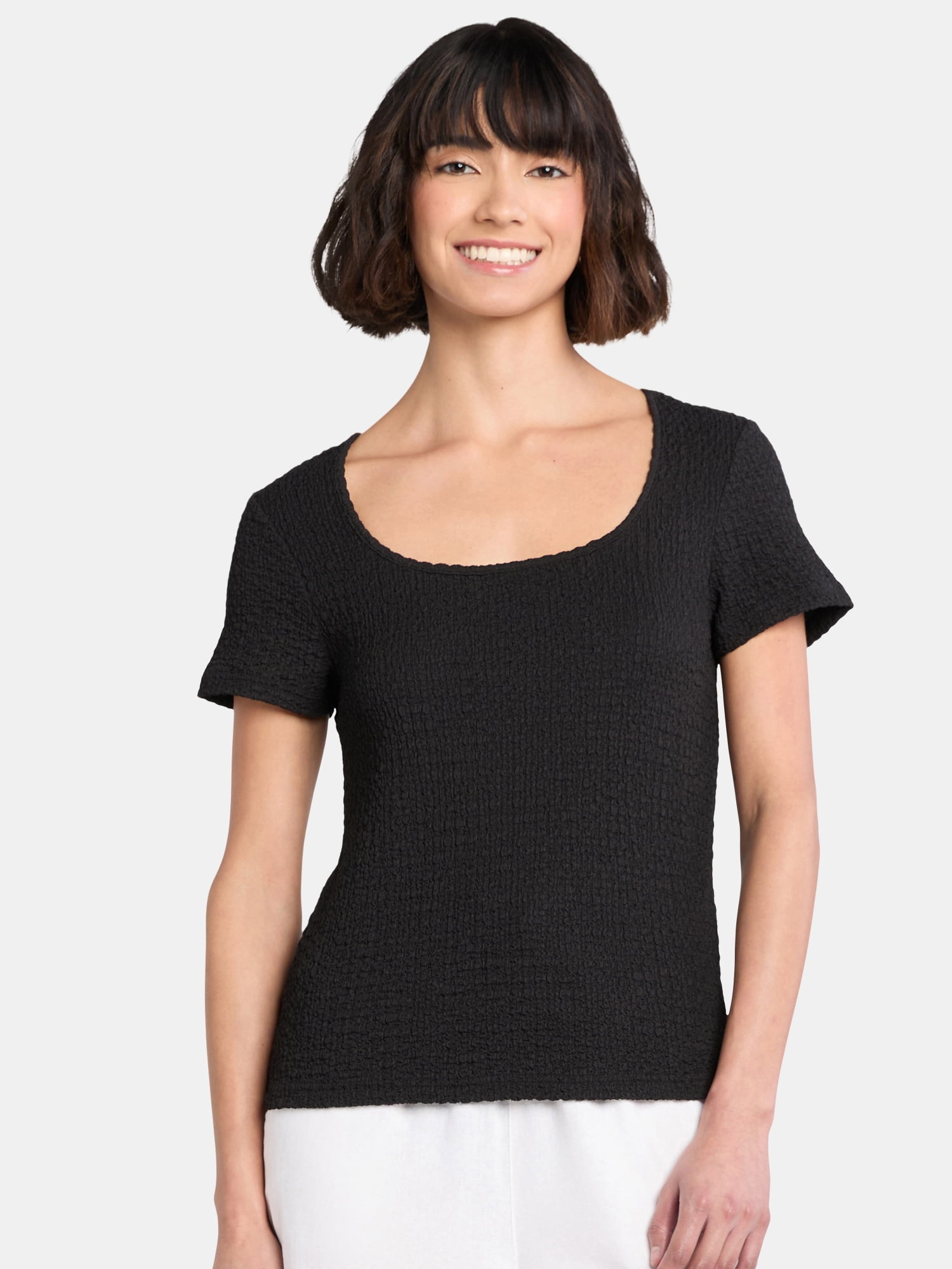 Time and Tru Women's Square Neck Pucker Tee with Short Sleeves, Sizes XS-XXXL