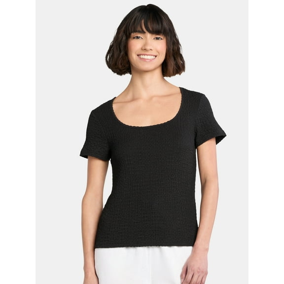 Time and Tru Women's Square Neck Pucker Tee with Short Sleeves, Sizes XS-XXXL