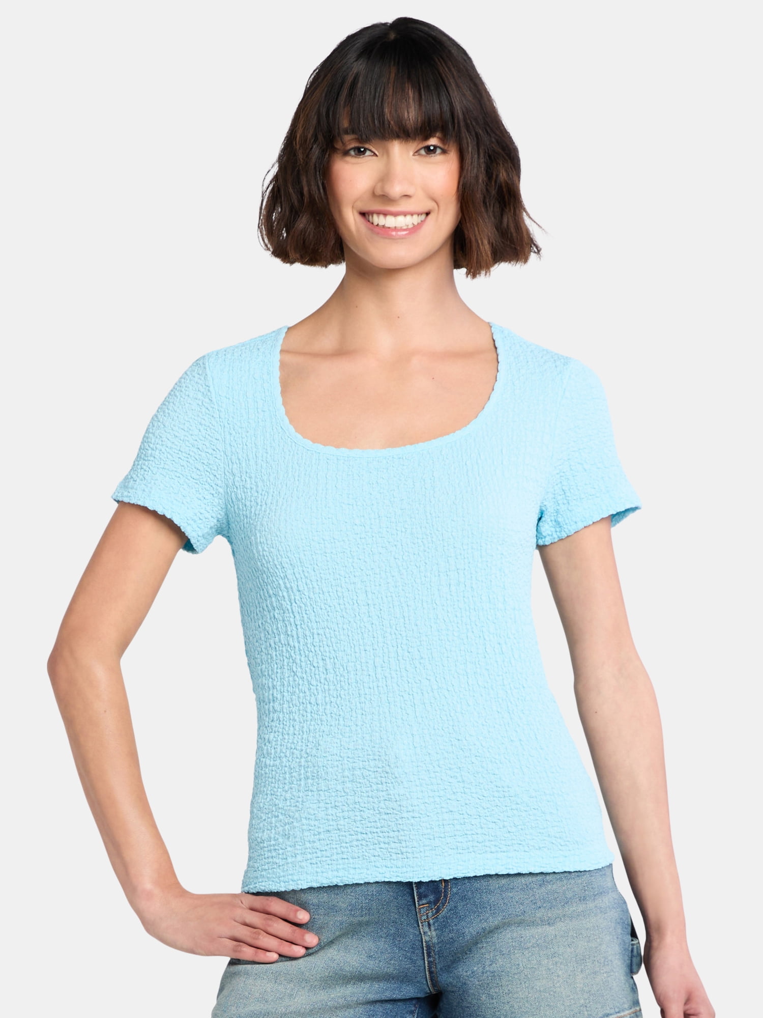 Women's Square Neck Pucker Tee with Short Sleeves, Sizes XS-XXXL