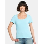 TIME AND TRU Women's Square Neck Pucker Tee with Short Sleeves, Sizes XS-XXXL