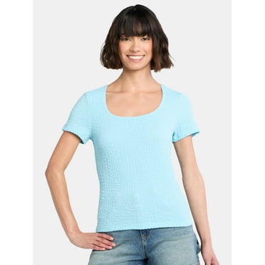 Time and Tru Women's Square Neck Pucker Tee with Short Sleeves, Sizes XS-XXXL