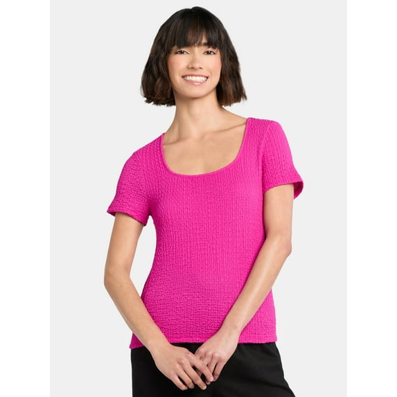Time and Tru Women's Square Neck Pucker Tee with Short Sleeves, Sizes XS-XXXL