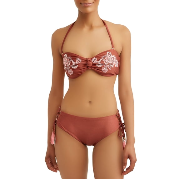 Time and Tru Women's Strappy Embroidered Bandeau Swimsuit Top