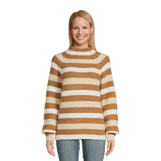 Time and Tru Women's Stripe Funnel Neck Sweater, Mid-Weight