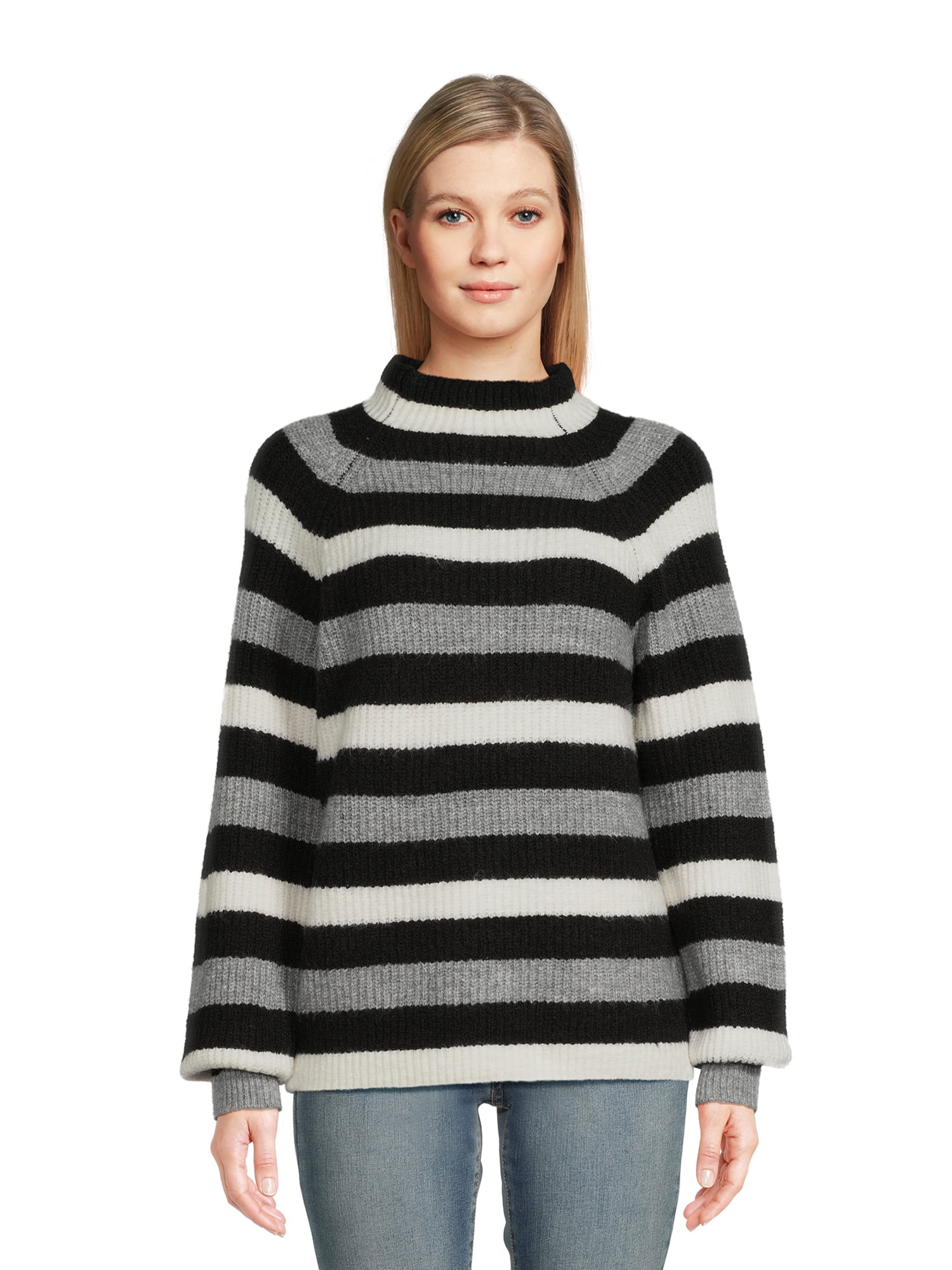 Time and Tru Women's Stripe Funnel Neck Sweater, Mid-Weight, Sizes XS ...