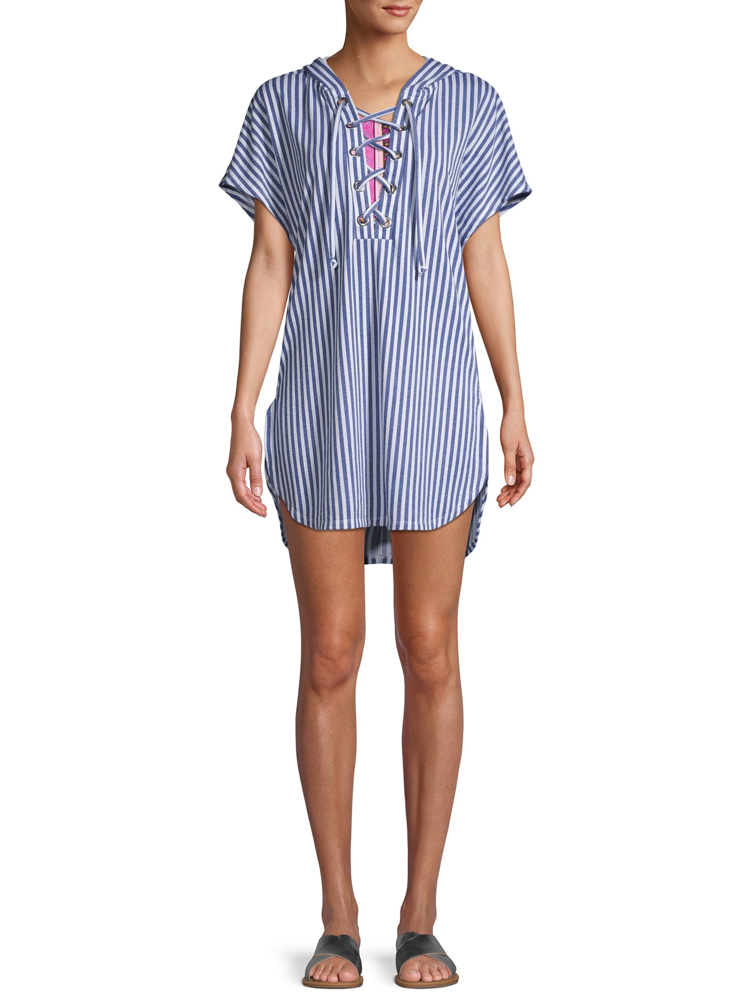 Time and Tru Women's Striped Lace Up Swim Cover Up with Hood