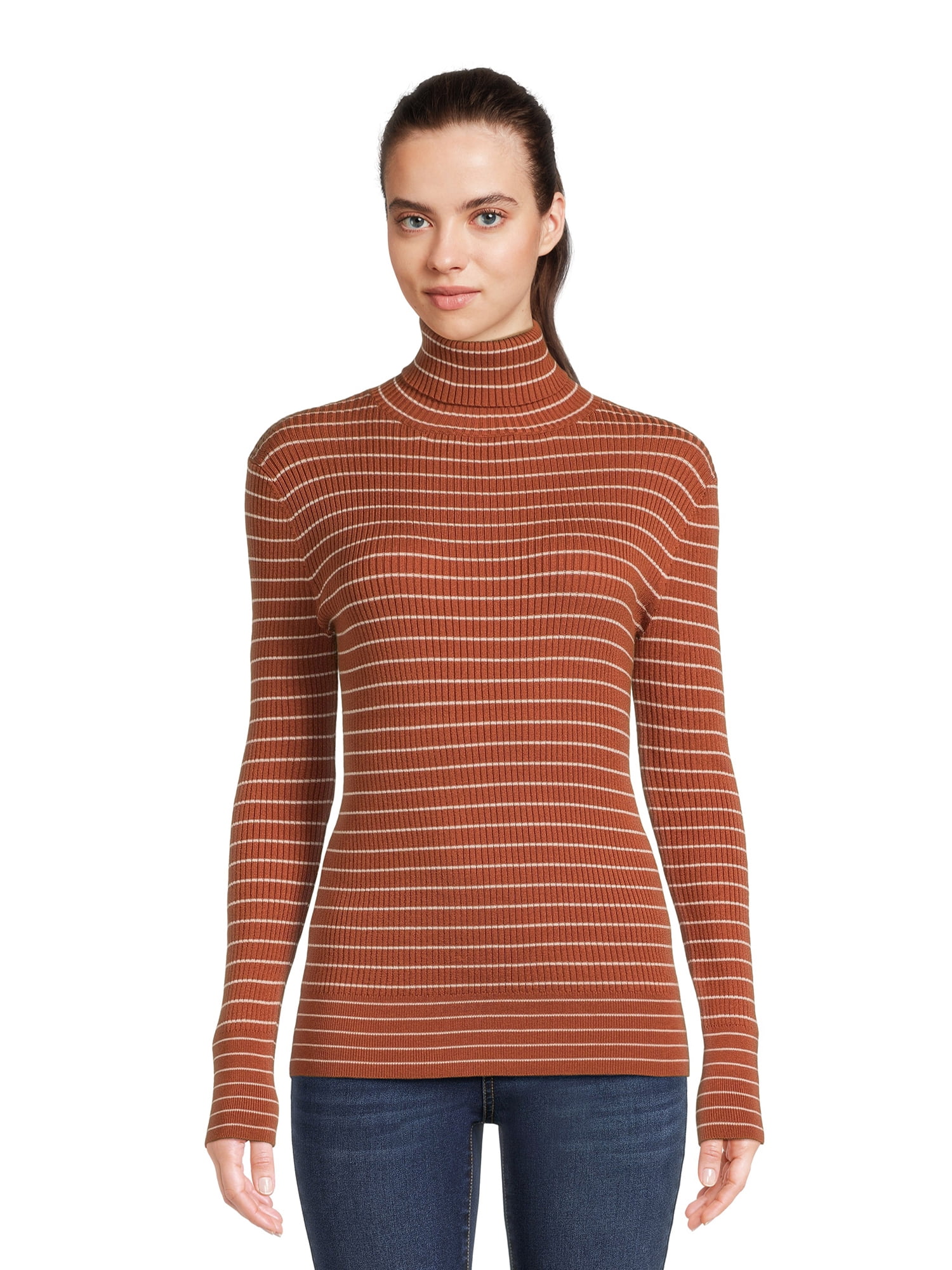 Time and Tru Women's Striped Ribbed Turtleneck, Sizes XS-XXXL