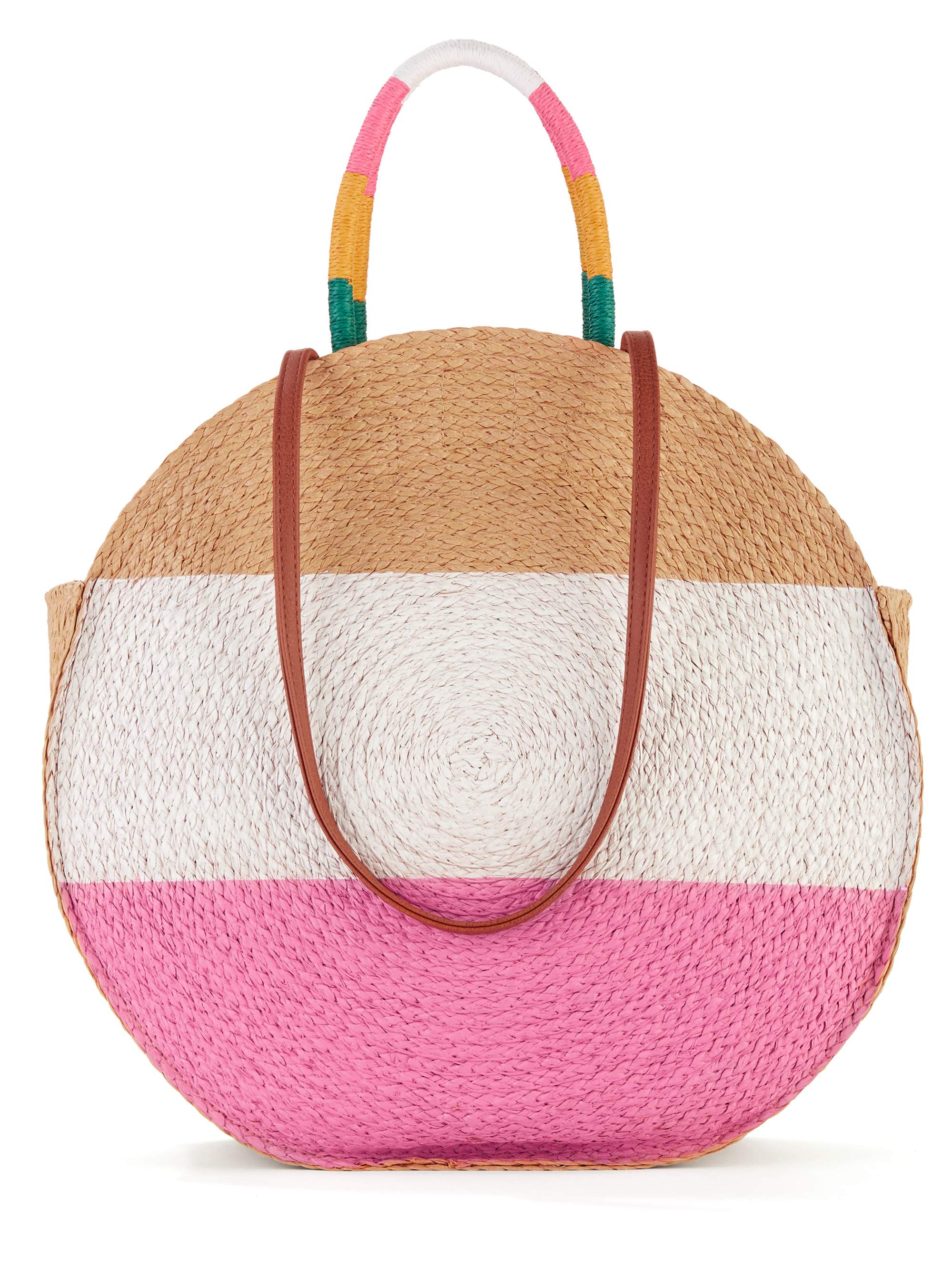 Time and Tru Women's Striped Straw Circle Tote Bag with Inner Slip Pocket Coral Multi - image 1 of 7