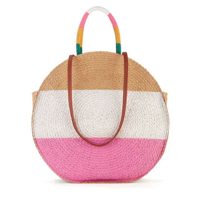 Time and Tru Women's Striped Straw Circle Tote Bag with Inner Slip Pocket Coral Multi