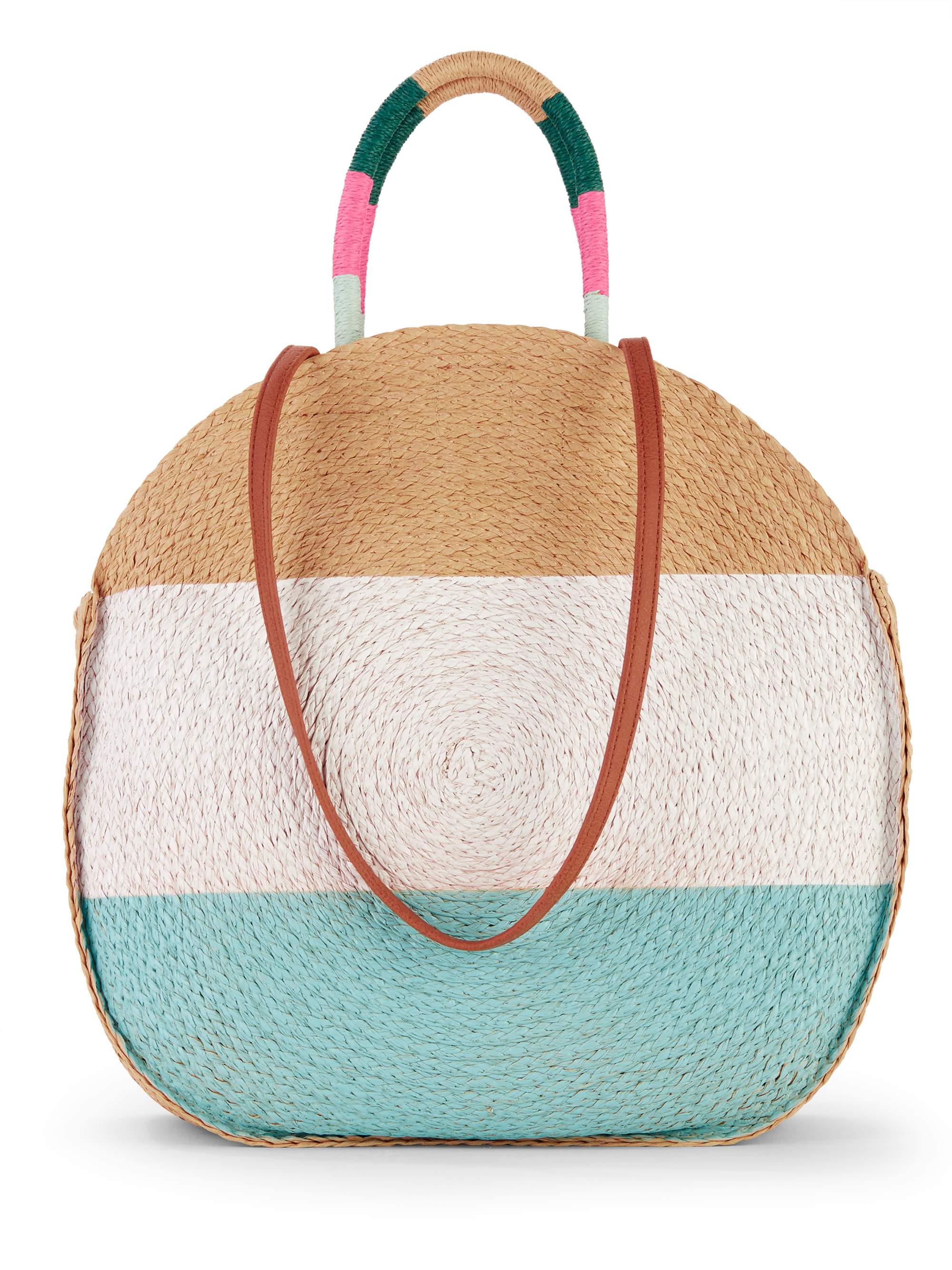 Time and Tru Women's Striped Straw Circle Tote Bag with Inner Slip Pocket Mint Multi - image 1 of 6