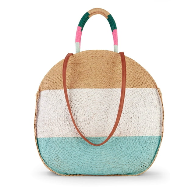 Time and Tru Women's Striped Straw Circle Tote Bag with Inner Slip Pocket Mint Multi
