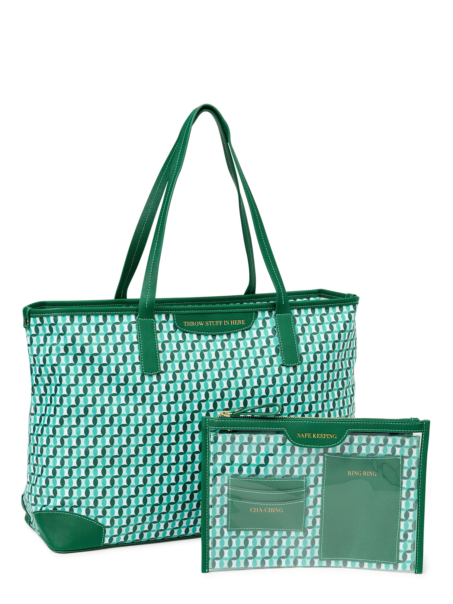 Time and Tru Womens Sustainable Signature Tote and Pouch Set, 2-Piece Mint Chip, Women's, Size: One size, Green