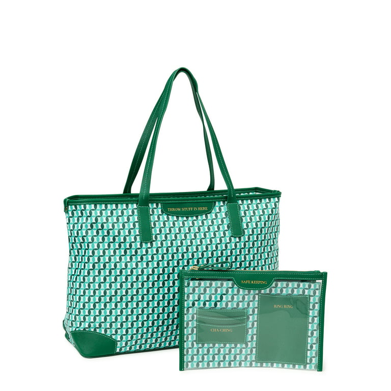 Time and Tru Womens Sustainable Signature Tote and Pouch Set, 2-Piece Mint Chip, Women's, Size: One size, Green