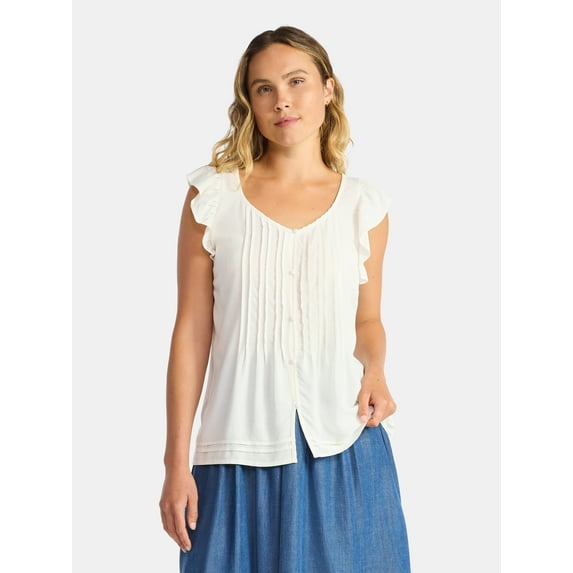 Time and Tru Women's Pintuck Sweetheart Top with Flutter Sleeves, Sizes XS-XXXL