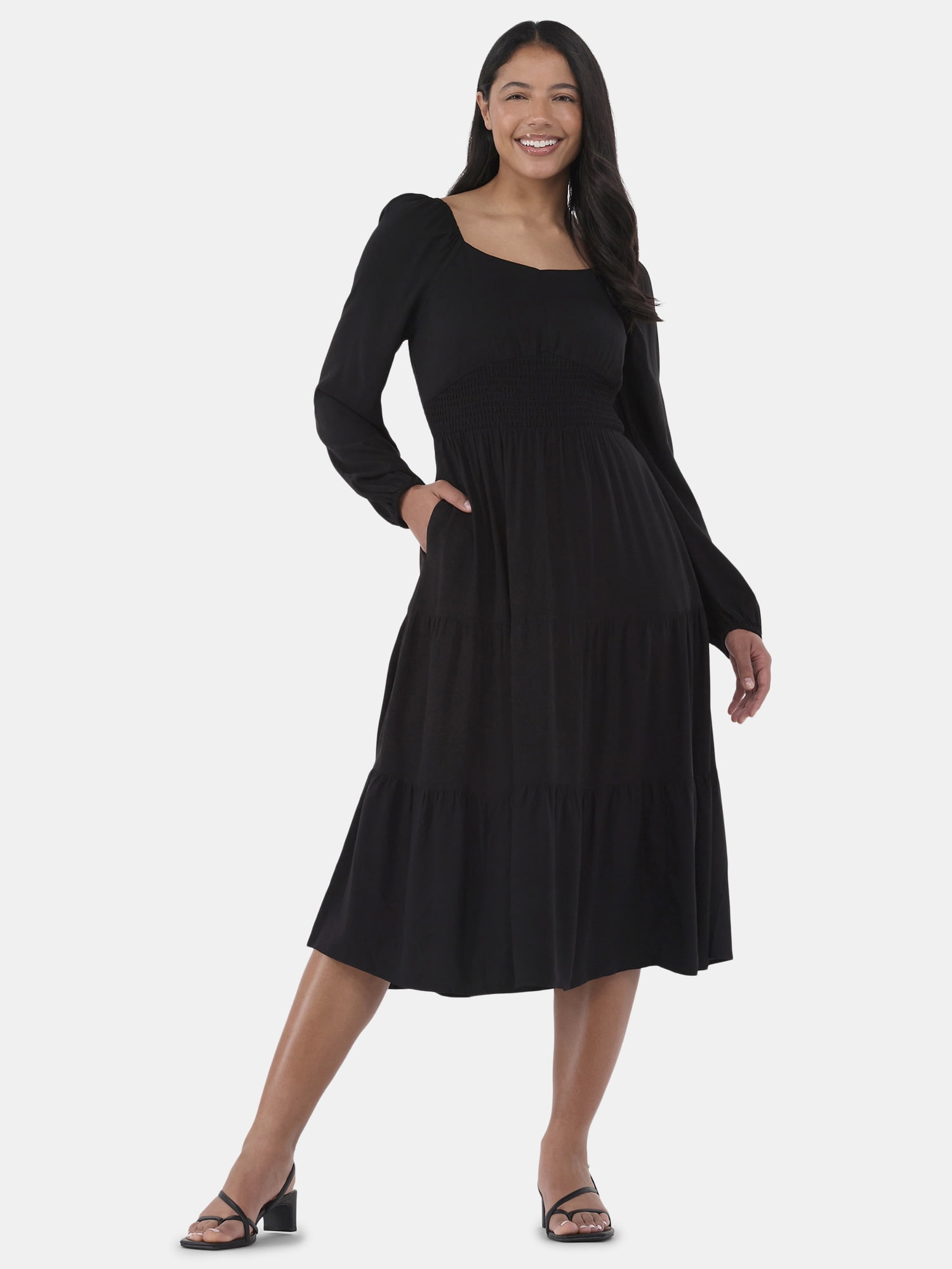 Time and Tru Women's Sweetheart Midi Dress with Long Sleeves, Sizes XS-XXXL