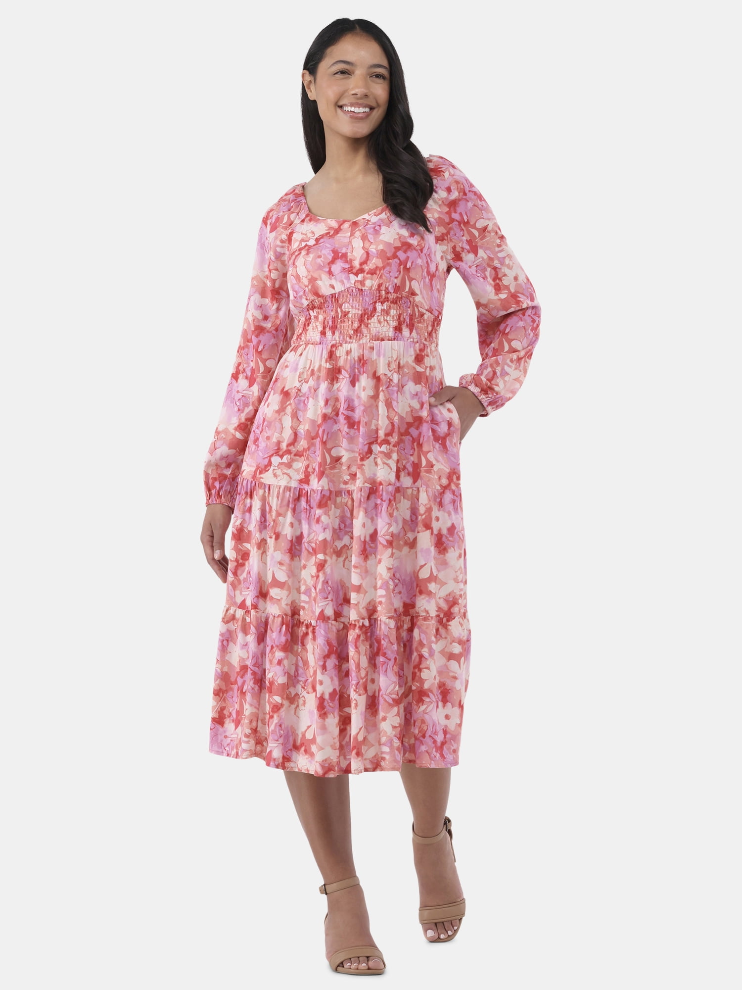 Time and Tru Women's Sweetheart Midi Dress with Long Sleeves, Sizes XS-XXXL