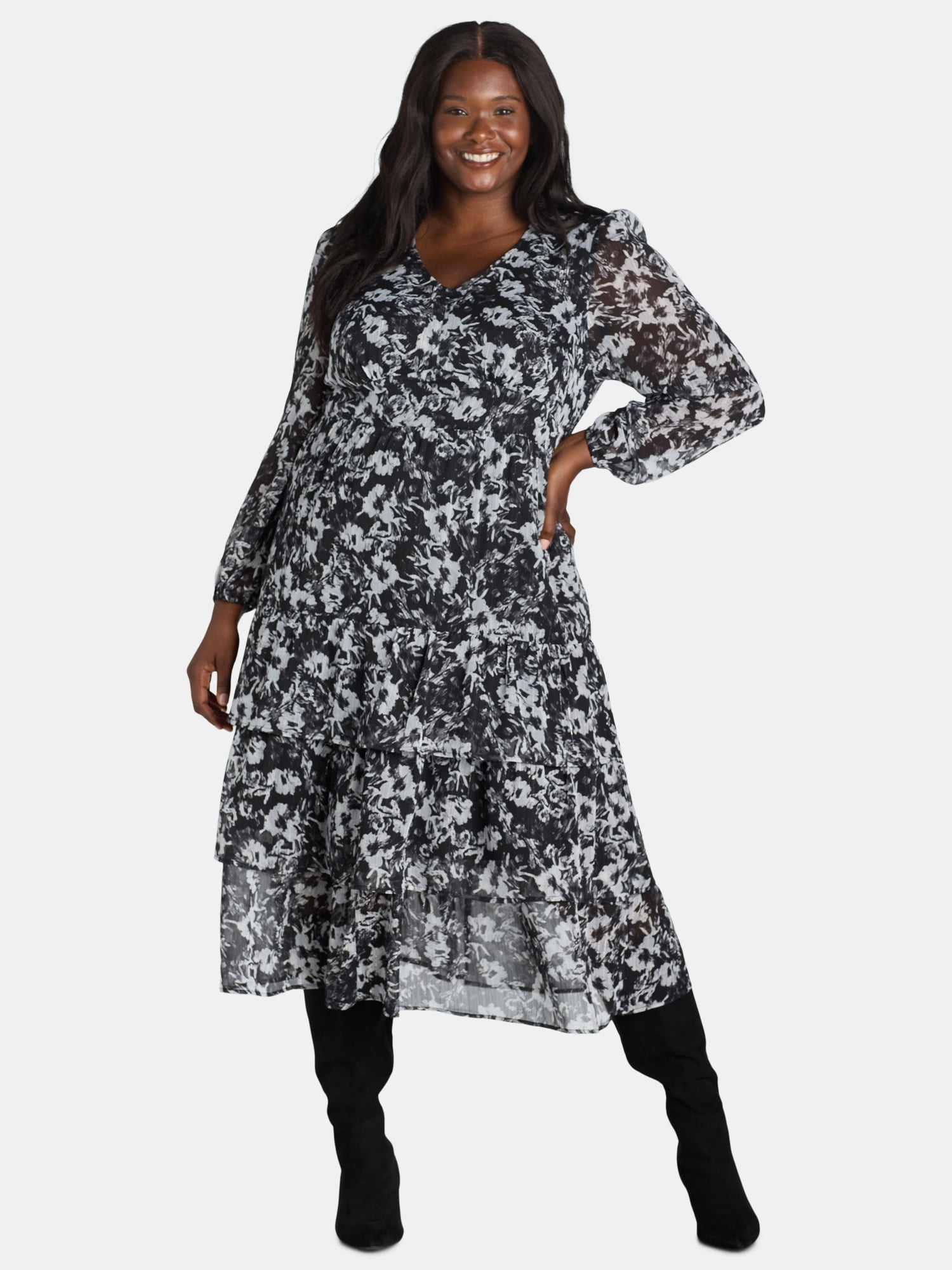 Time and Tru Women's and Women's Plus Print Dress with Long Sleeves