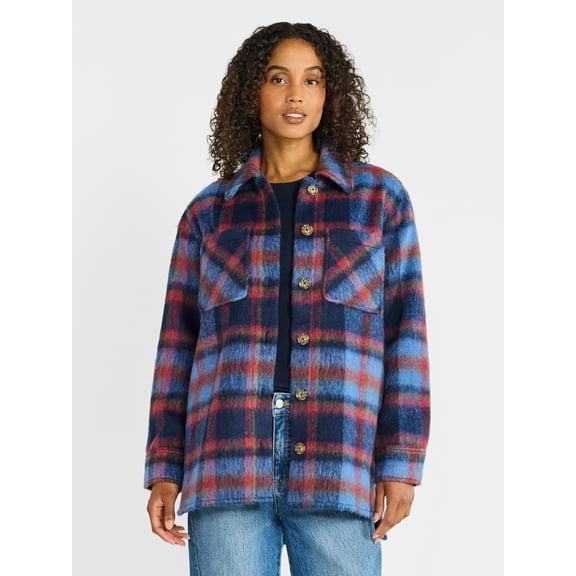 Time and Tru Women's Brushed Plaid Shacket, Sizes XS-XXXL