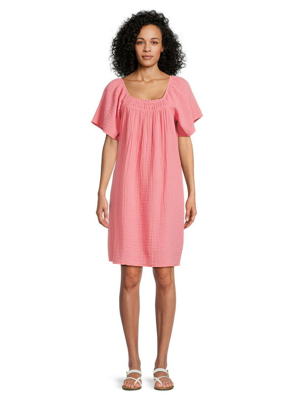 Time and Tru Women's Textured Mini Dress with Short Sleeves, Sizes XS-XXXL